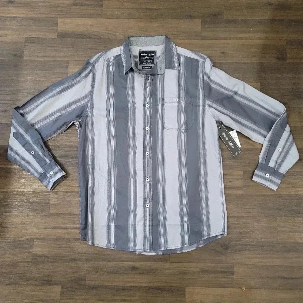 Modern Culture Button Shirt Gray Striped Long Sleeve Size Large NWT